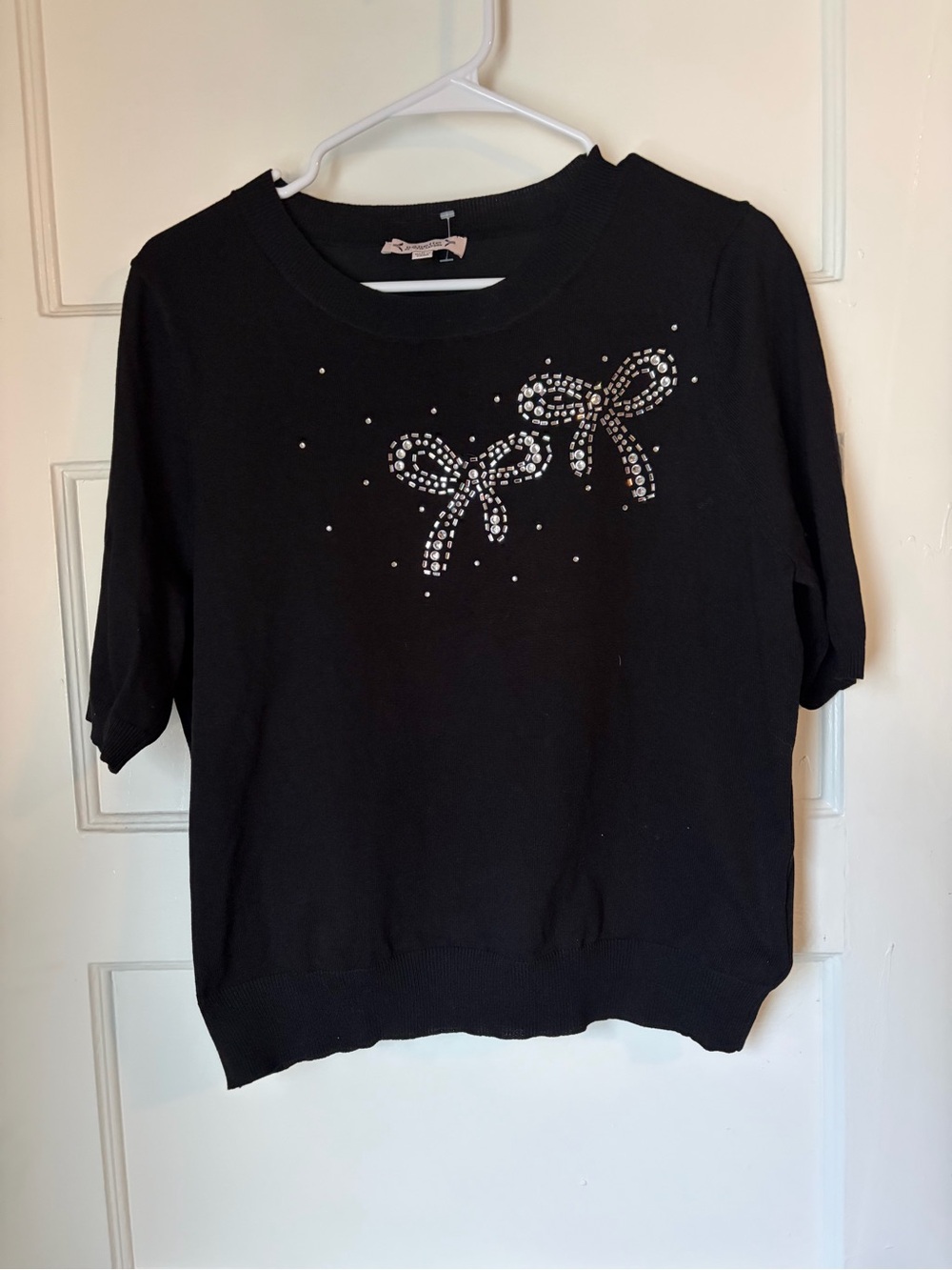 Black Short-Sleeve Sweater Top with Rhinestone Bows